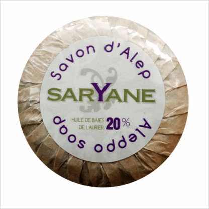Traditionelle Alepposeife aus Olivenöl und 20 Prozent entzündungshemendem Lorbeeröl, 100g in handlicher runder Form (Savonette). Eine natürliche, authentische und zertifizierte Bio-Seife für die basische Hautpflege.