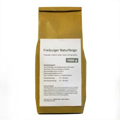 Freiburger Natur-Fango-Pulver in der 1kg Packung. Das feine Fangopulver ist leicht anzumischen und geeignet für die einfache Fango-Anwendung zu Hause. Hilfreich bei Gelenkschmerzen und Muskelschmerzen.